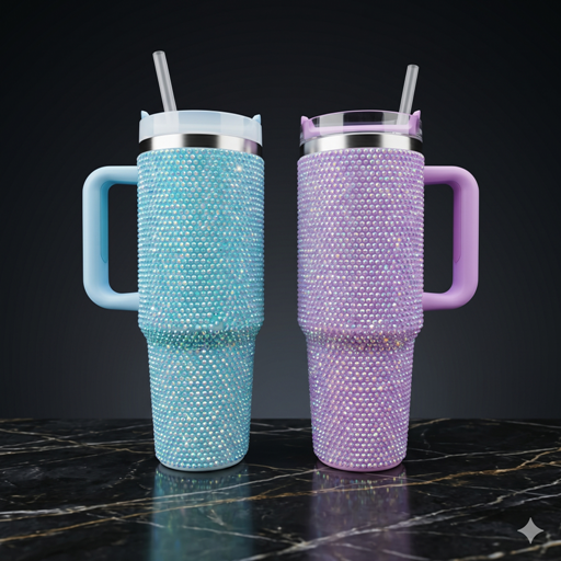 Luxe Crystal-Embellished Insulated Travel Tumbler with Ergonomic Handle & Straw (10.5″)