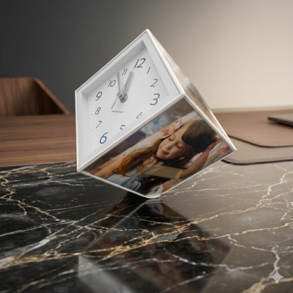 Premium Geometric Cube Desk Clock & Personalized Photo Frame (6″)