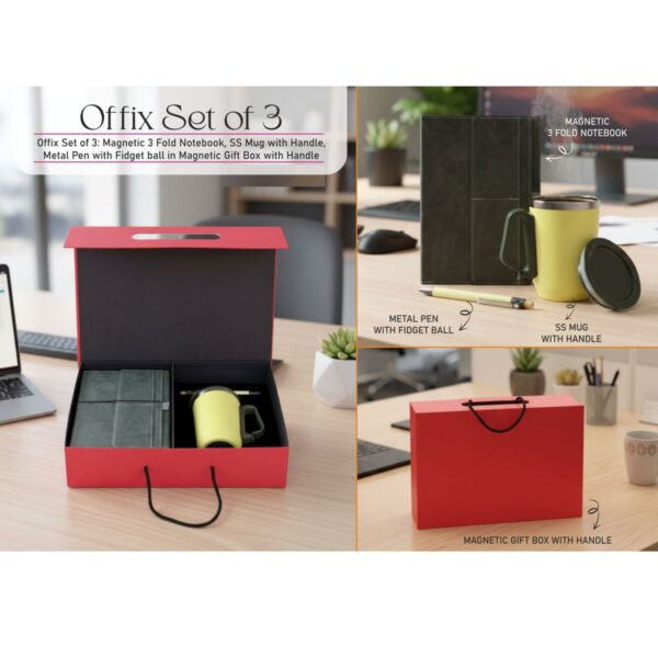 Set of 3 Corporate Onboarding Gift Hamper – Stainless Steel Travel Mug, Tri-Fold Diary & Anti-Stress Metal Pen