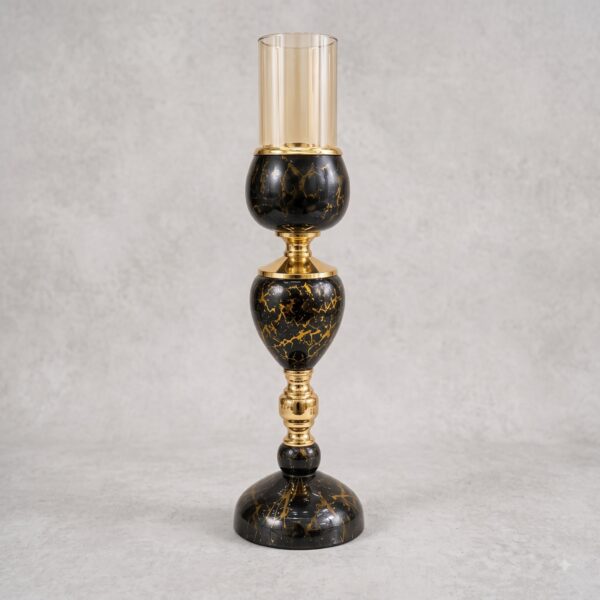 16″ Royal Black & Gold Glass Hurricane Candle Stand – Premium Corporate Keepsake  Product Description